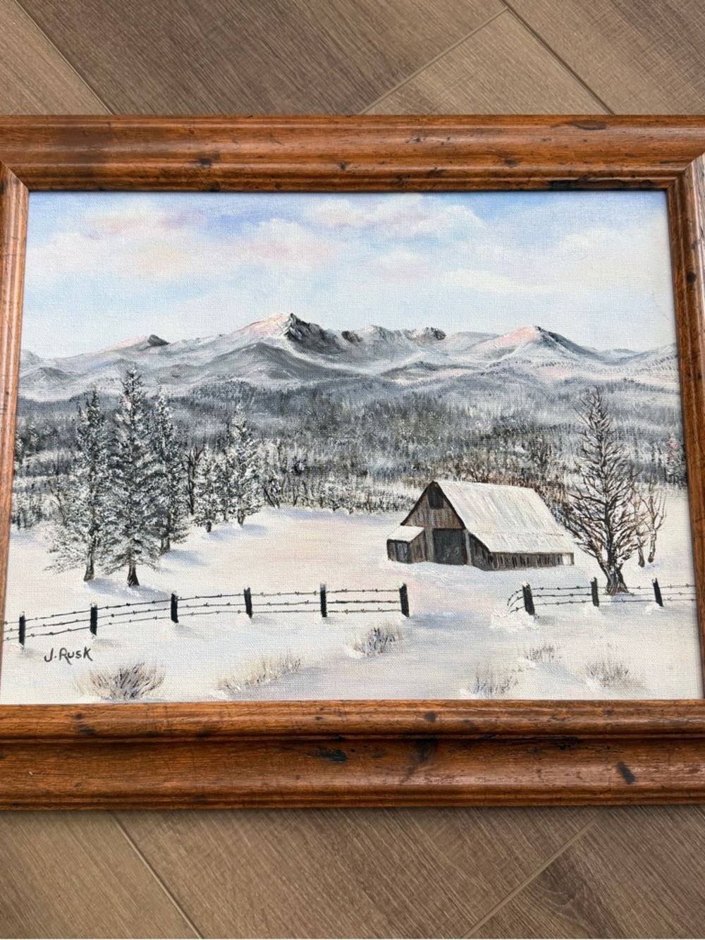 Vintage‎ Impressionist Landscape Oil Painting Signed J Rusk Cabin Mountains Snow